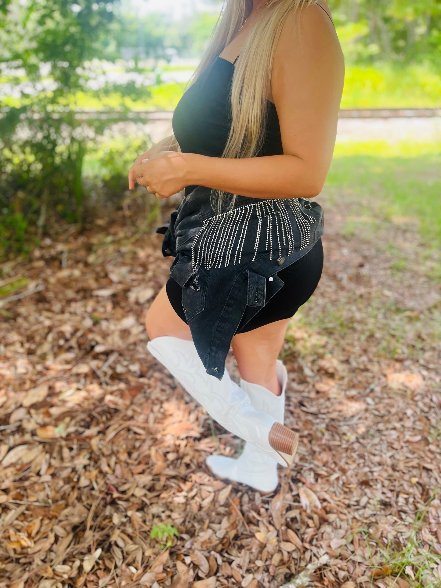 Kay’s sequin jean crop jacket