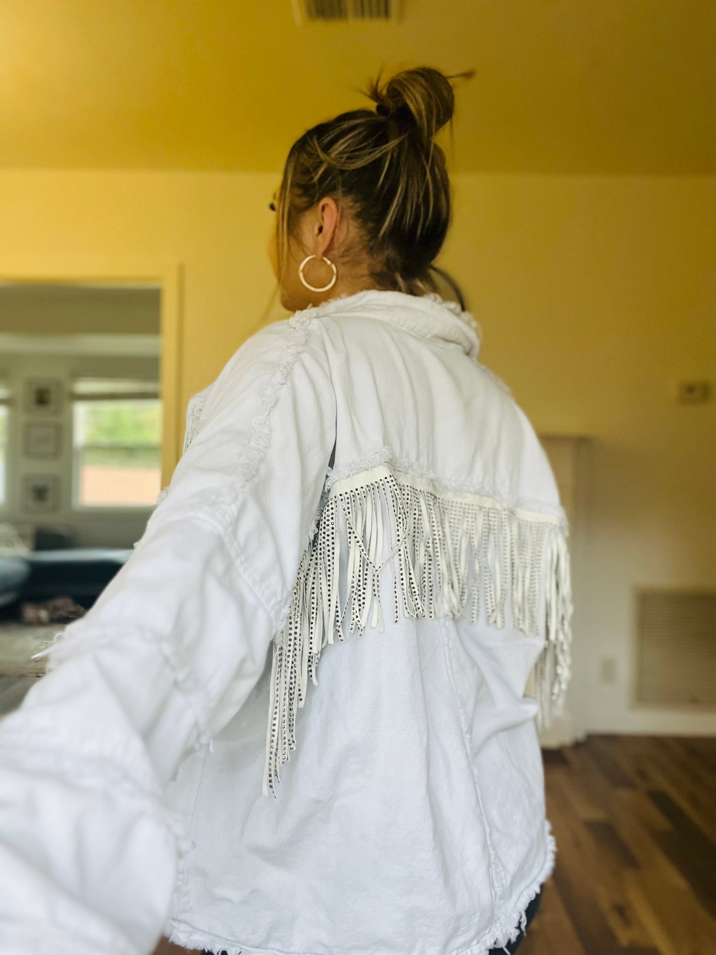 Fringe denim white jacket