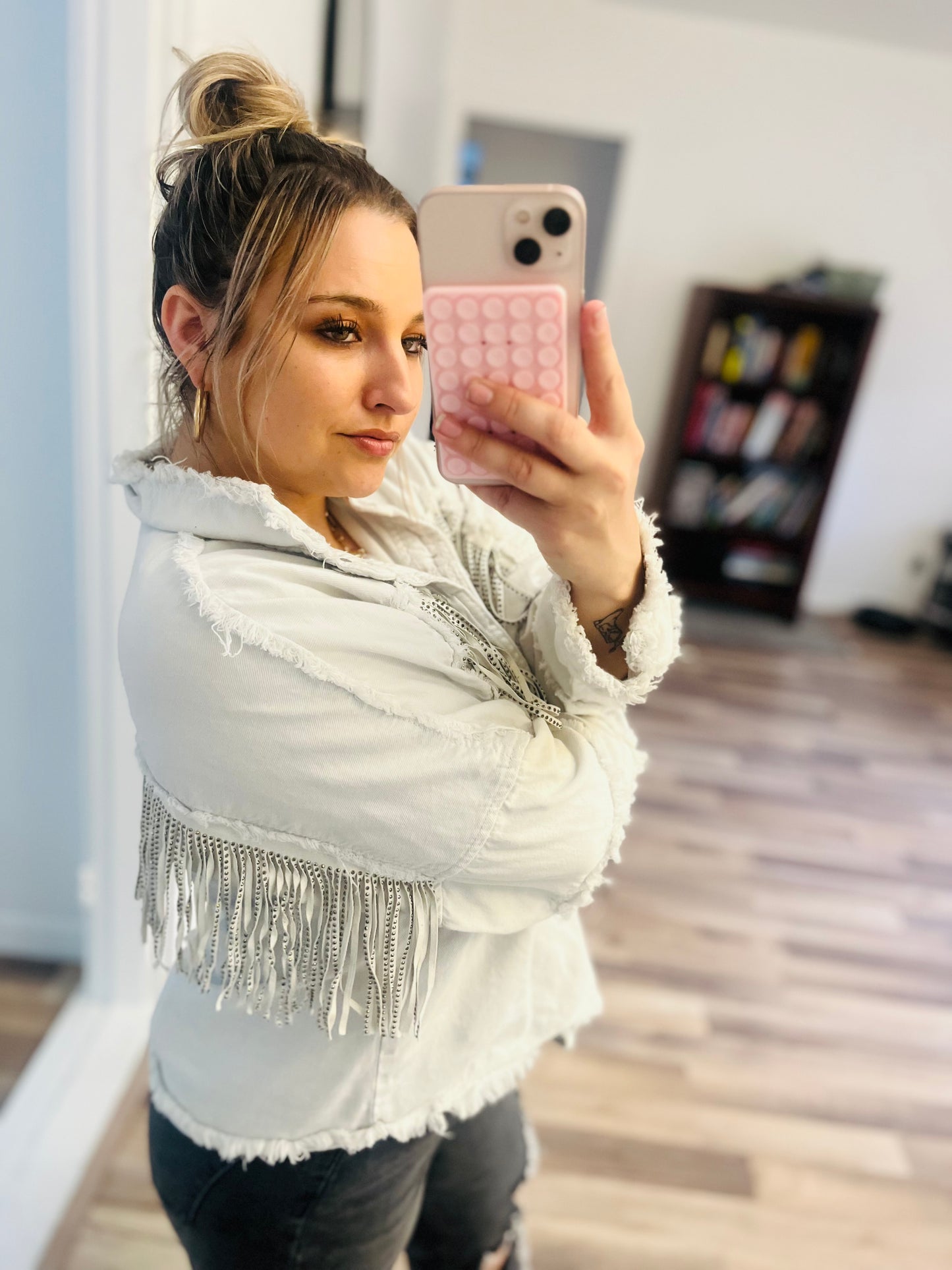 Fringe denim white jacket