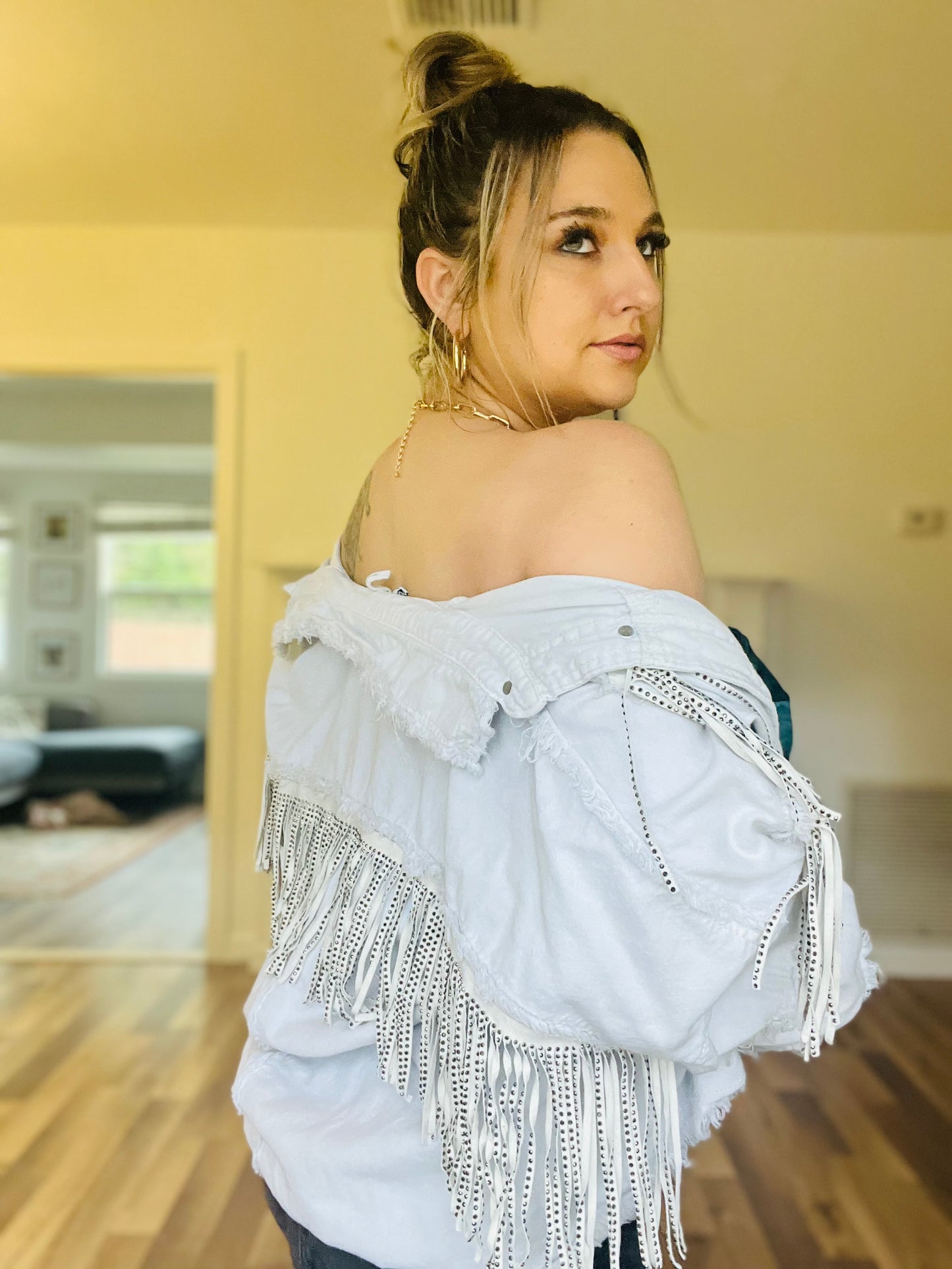 Fringe denim white jacket