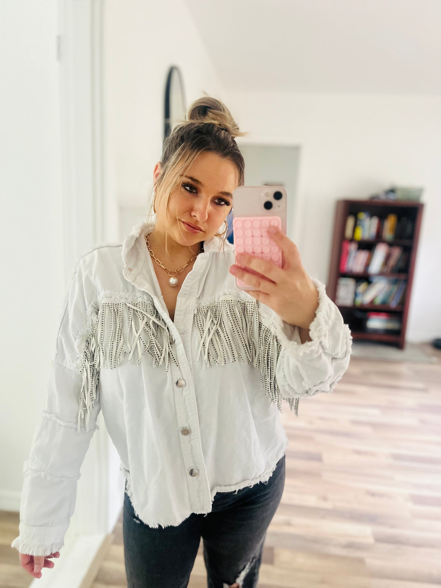 Fringe denim white jacket
