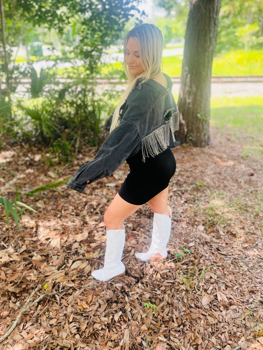 Kay’s sequin jean crop jacket