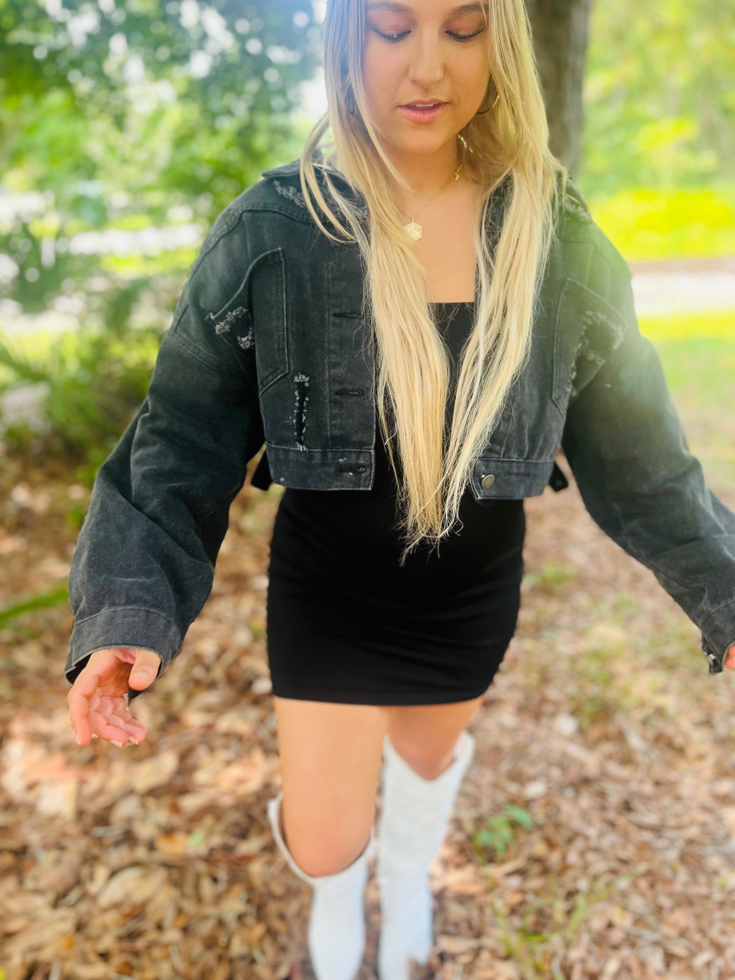 Kay’s sequin jean crop jacket
