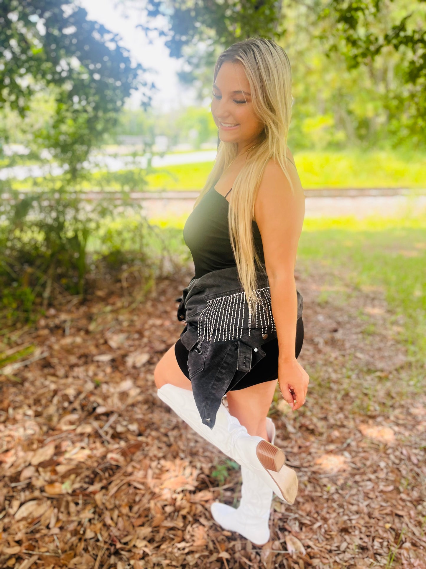 Kay’s sequin jean crop jacket