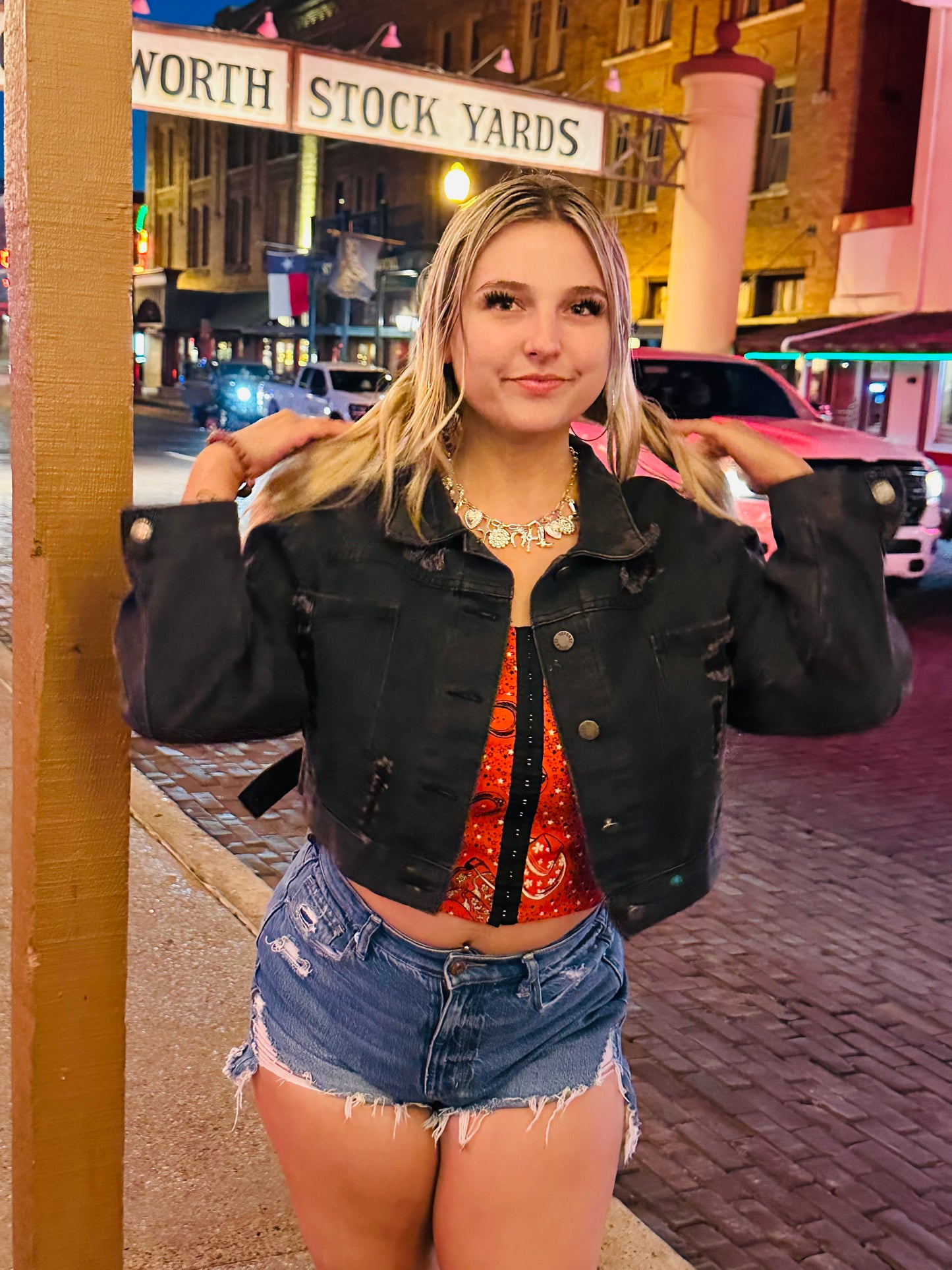 Kay’s sequin jean crop jacket