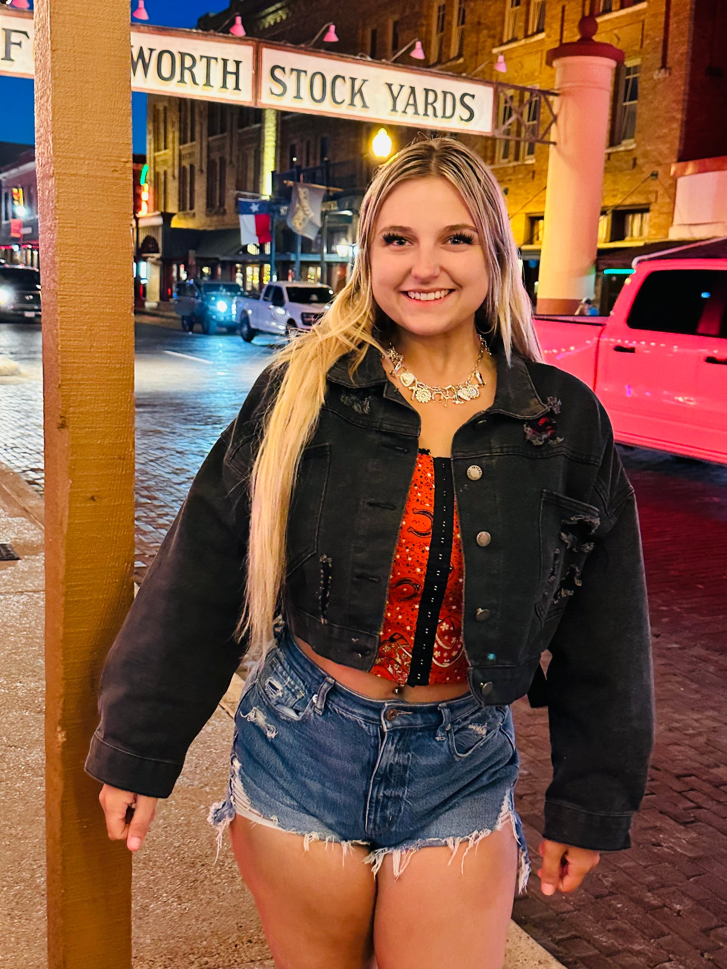 Kay’s sequin jean crop jacket