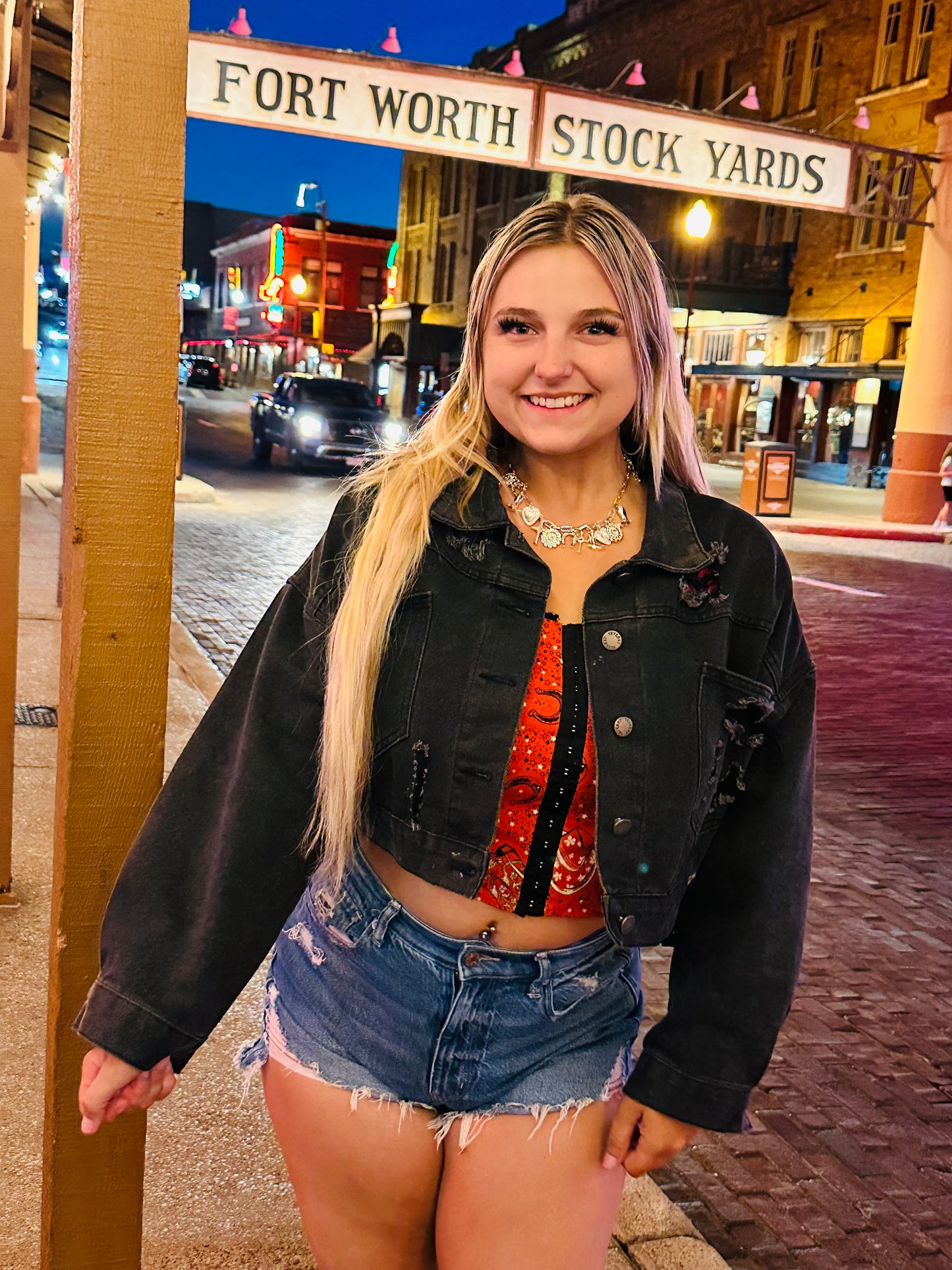 Kay’s sequin jean crop jacket