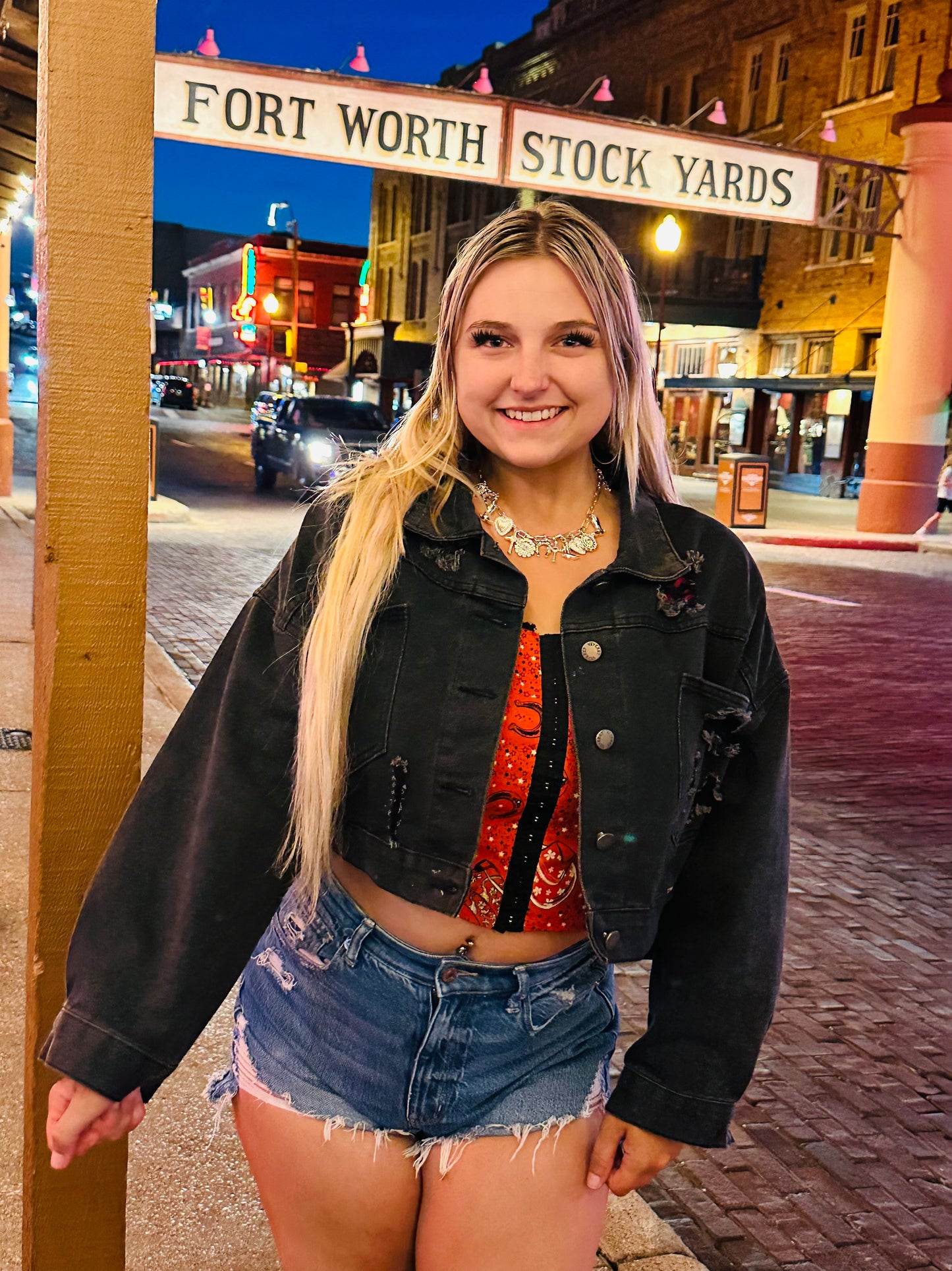 Kay’s sequin jean crop jacket