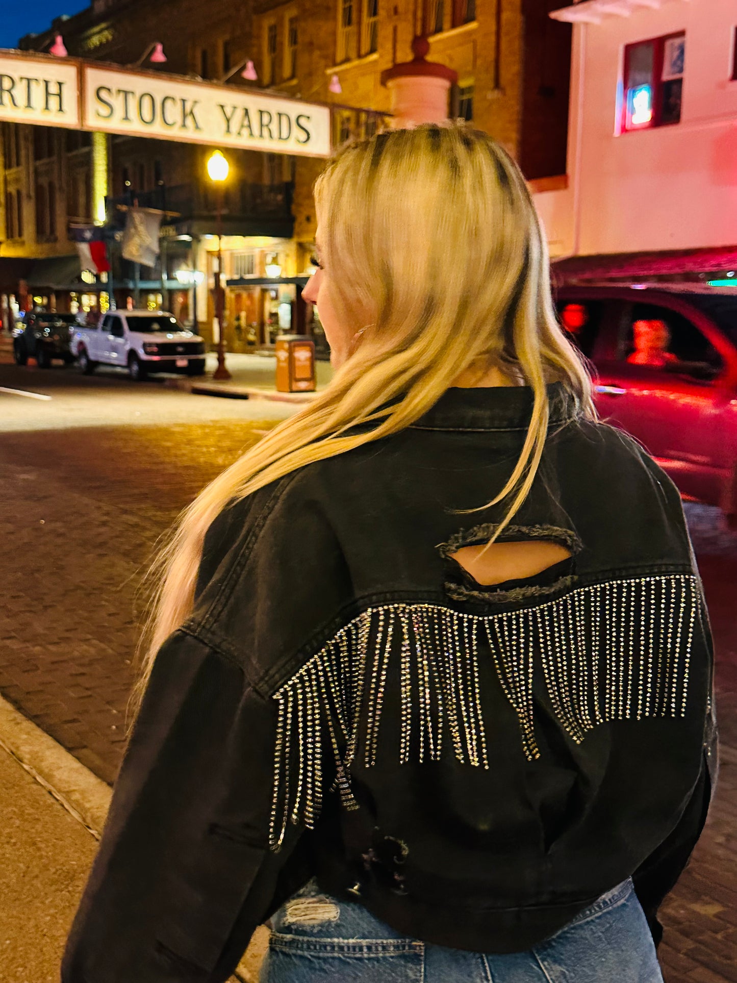 Kay’s sequin jean crop jacket