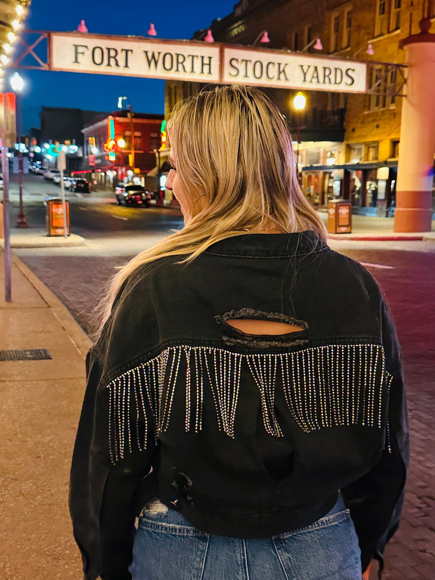 Kay’s sequin jean crop jacket