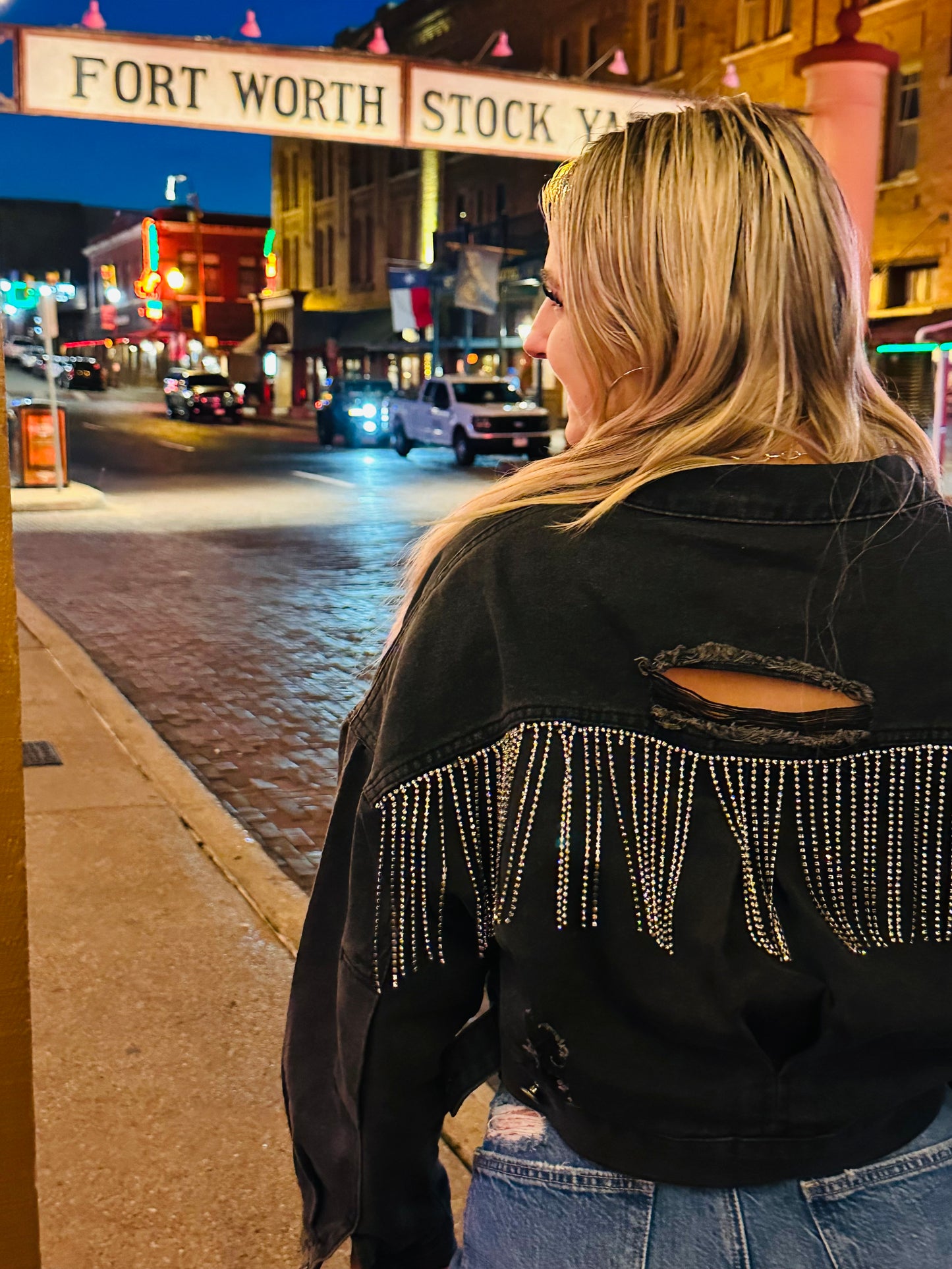 Kay’s sequin jean crop jacket